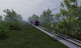 A simulated view of a red train running towards the viewer on a single-track line with an overhead line. A tree lies on the tracks in the bottom right-hand corner of the picture.