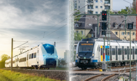 Bildcollage aus zwei Fotos: Links ein weißer Zug mit blau leuchten Scheinwerfern auf einer eingleisigen Strecke in einer grünen Landschaft. Rechts ein weißer Zug auf einem Gleis in der Stadt. Ein Signal zeigt rotes Licht. Bildcollage aus zwei Fotos: Links ein weißer Zug mit blau leuchten Scheinwerfern auf einer eingleisigen Strecke in einer grünen Landschaft. Rechts ein weißer Zug auf einem Gleis in der Stadt. Ein Signal zeigt rotes Licht.