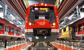 Red regional train in the maintenance depot