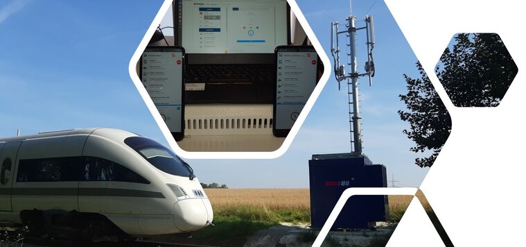 Ein Foto zeigt die Spitze eines Zuges mit dem Triebfahrzeug in der linken Bildhälfte. In der rechten Bildhälfte steht ein FRMCS-Funkmast. Im Hintergrund befindet sich ein Getreidefeld. Ein weiteres Foto, das in die obere Hälfte des Zuges geschnitten wirde zeigt einen ComputerBildschirm und zwei Handybildschirme.