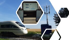 Advanced TrainLab steht auf den Gleisen. Im rechten Bildfeld befindet sich die FRMCS/5G Antenne
