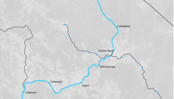 Eine vereinfachte Darstellung einer Karte mit eingezeichneter Strecke des Bauverlaufes