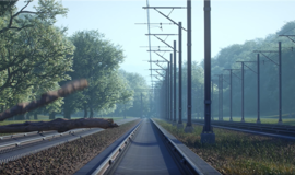 Digitaler Zwilling des Schienennetzes. Ein animiertes Bild auf dem Gleise und Bäume am Rand aus der Perspektive des Triebfahrzeugführers zu sehen ist. Einige Zweige hängen in das Gleisfeld. Digitaler Zwilling des Schienennetzes. Ein animiertes Bild auf dem Gleise und Bäume am Rand aus der Perspektive des Triebfahrzeugführers zu sehen ist. Einige Zweige hängen in das Gleisfeld.