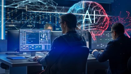 The picture shows two men sitting in front of screens in an office environment. Animated neuron networks and a visualised brain with the letters ‘AI’ (Artificial Intelligence) are flying in the air. | © Deutsche Bahn AG / Gorodenkoff Productions