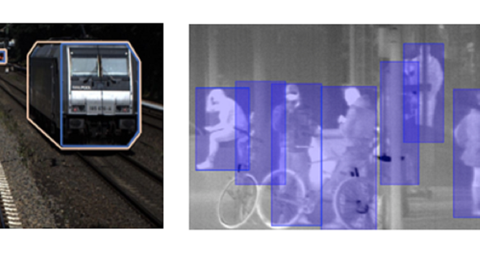 Abb. 2: Links: Kamerabild zweier Züge mit Markierungen (Annotationen); Rechts: Infrarotbild von Passagieren auf einem Bahnsteig mit Annotationen.