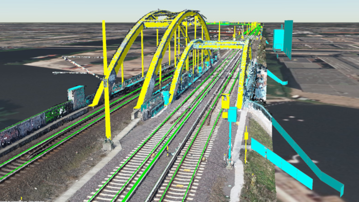 Fig. 2: 3D-LiDAR point cloud overlayed by classified objects (colored), relevant for the Digital Register