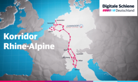 Schematische Darstellung Europas mit der Strecke des Korridors Rhine-Alpine Schematische Darstellung Europas mit der Strecke des Korridors Rhine-Alpine