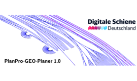 Schematic representation of a large track field. Below the tracks is written: PlanPro-Geo-Planer 1.0. On the right is the logo of Digital Rail Germany