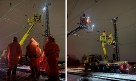 Durchführung von Arbeiten am Strommast durch DB-Mitarbeitende bei Nacht (Copyright: DB InfraGO AG, Digitale Schiene Deutschland)
