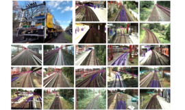 Sensors mounted at the top of a track work vehicle (top left picture) and excerpt oft he recorded multi-sensor data set with labled areas showing the objects to be trained by the AI software (annotations). Sensors mounted at the top of a track work vehicle (top left picture) and excerpt oft he recorded multi-sensor data set with labled areas showing the objects to be trained by the AI software (annotations).