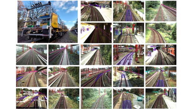 Sensors mounted at the top of a track work vehicle (top left picture) and excerpt oft he recorded multi-sensor data set with labled areas showing the objects to be trained by the AI software (annotations).
