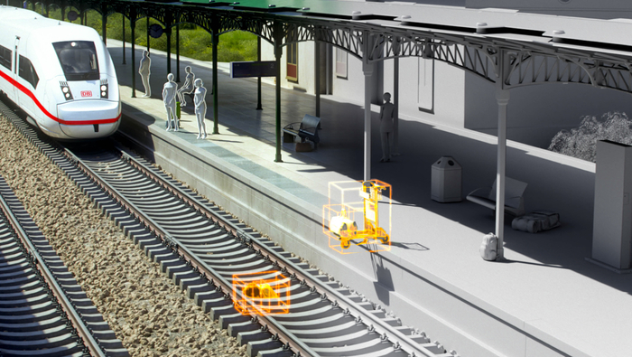 Simulation of an irregular situation in the photorealistic digital twin: A piece of luggage falls onto the track as a train approaches a station (source: NVIDIA)