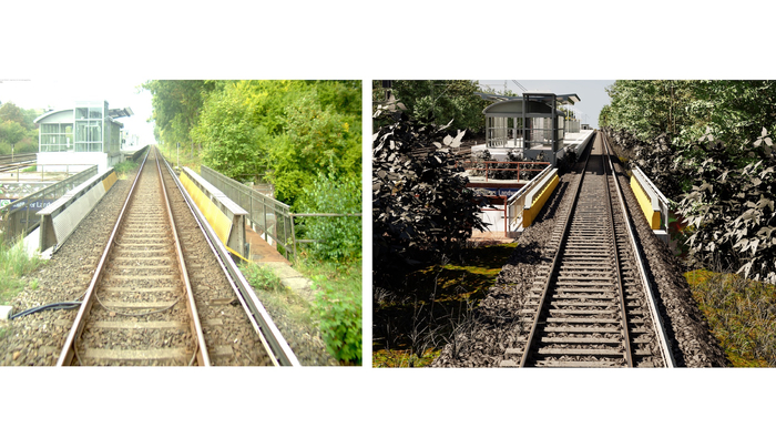 Abbildung 4: Eine Station auf der Teststrecke des Sensor4Rail-Projektes in Hamburg (links) und ihr digitaler Zwilling (rechts) (Quelle: DB Netz AG).