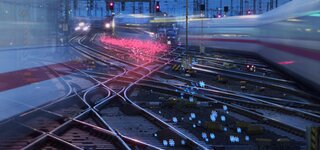 train tracks with driving trains during the night.