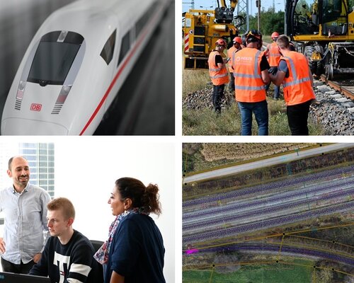 Eine Collage aus vier Bildern. Es ist ein ICE zu erkennen, eine Gruppe von Menschen mit Warnwesten auf einer Baustelle im Gleisfeld vor einem Bagger. Sowie eine Sattelitenansicht eines Gleisfeldes und einer Gruppe von Menschen vor einem Desktop Arbeitsplatz.