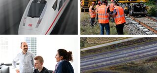 Eine Collage aus vier Bildern. Es ist ein ICE zu erkennen, eine Gruppe von Menschen mit Warnwesten auf einer Baustelle im Gleisfeld vor einem Bagger. Sowie eine Sattelitenansicht eines Gleisfeldes und einer Gruppe von Menschen vor einem Desktop Arbeitsplatz. Eine Collage aus vier Bildern. Es ist ein ICE zu erkennen, eine Gruppe von Menschen mit Warnwesten auf einer Baustelle im Gleisfeld vor einem Bagger. Sowie eine Sattelitenansicht eines Gleisfeldes und einer Gruppe von Menschen vor einem Desktop Arbeitsplatz.