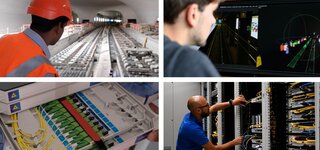 Eine Collage aus vier Fotos: oben links ist eine zweigleisige Strecke im Bau in einem Tunnel. oben rechts ist ein Mensch vor einem Bildschirm, auf dem eine zweigleisige Strecke zu sehen. Unten links ist ein weißer Kasten mit grünen Schaltern. Unten rechts ist ein Mann, der an einem Rechnerschrank hantiert.