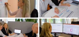 Eine Collage aus vier Bildern: Oben links: Eine Frau mit blonden Haaren und rosaner Bluse schreibt etwas an ein Whiteboard. Oben rechts: Ein Mann und eine Frau sitzen gemeinsam vor einem Laptop und verschiedenen Dokumenten. Unten Links: Ver Personen sitzen in einer Besprechung vor einer grauen Schallschutzwand aus Stoff. Unten rechts: Eine Frau sitzt vor zwei Monitoren.
