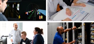 Eine Collage aus vier Bildern, die ein Team bei der Arbeit zeigen, einen Mann der in einem Serverraum arbeitet, einer 3D Darstellung von erfassten Sensordaten eines Zuges, und Menschen die einen Plan aus Papier besprechen. Eine Collage aus vier Bildern, die ein Team bei der Arbeit zeigen, einen Mann der in einem Serverraum arbeitet, einer 3D Darstellung von erfassten Sensordaten eines Zuges, und Menschen die einen Plan aus Papier besprechen.