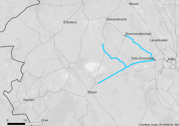 Blaue Linien auf einer Karte: Streckenkarte Rommerskirchen – Köln-Ehrenfeld (Copyright: DB InfraGO AG, Digitale Schiene Deutschland)