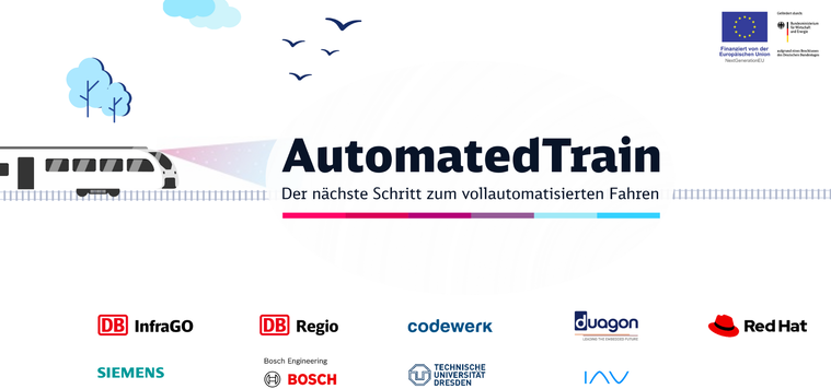 Schriftzug: AutomatesTrain, der nächste Schritt zum vollautomatisierten Fahren, darunter die Logos der Partnerfirmen.