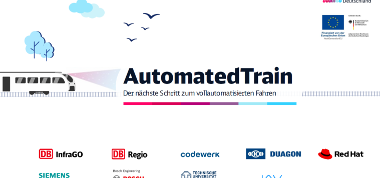 Schriftzug: AutomatesTrain, der nächste Schritt zum vollautomatisierten Fahren, darunter die Logos der Partnerfirmen.