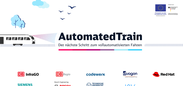 Schriftzug: AutomatesTrain, der nächste Schritt zum vollautomatisierten Fahren, darunter die Logos der Partnerfirmen. Schriftzug: AutomatesTrain, der nächste Schritt zum vollautomatisierten Fahren, darunter die Logos der Partnerfirmen.