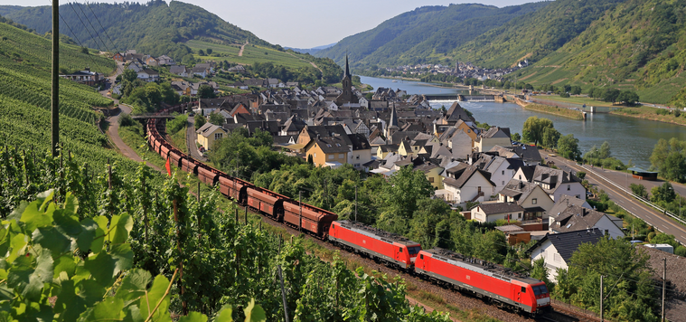 A panoramic view shows a red train pulling several cargo wagons behind it. In the foreground is a slope with vines. Behind the train is a small town. The Rhine can be seen behind the town, surrounded by several small mountains.