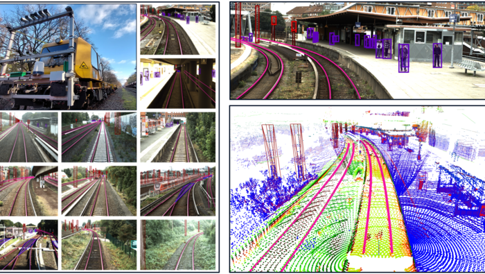 verschiedene Darstellungen von Bahngleisen mit Menschen im Gleis oder am Bahnsteig | © NVIDIA und DB InfraGO AG