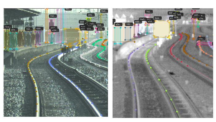 (7) Datensets sind verschiedene Szenen, die aus exportierten und synchronisierten Sensordaten und den dazugehörigen Annotationen aufgebaut sind. Im Bild sind zum einen das RGB-Kamerabild und zum anderen die Infrrotkamera mit den dazugehörigen Annotationen gezeigt.