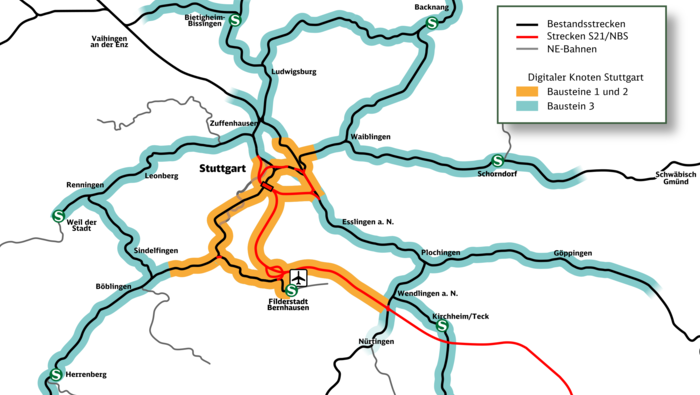 Streckenkarte Knoten Stuttgart mit gelben und türkisen Markierungen