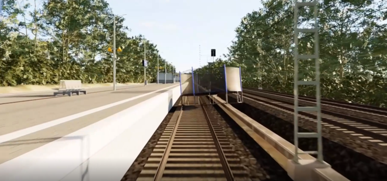 Simulated representation of a trampoline as an incident on a track next to a platform. Simulated representation of a trampoline as an incident on a track next to a platform.