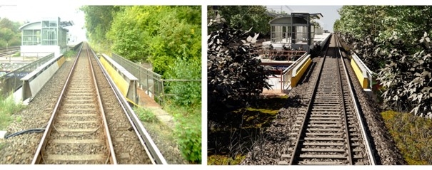 Left: Photo of a railroad line in the countryside with a platform. Right: modeled scenery of the same platform.