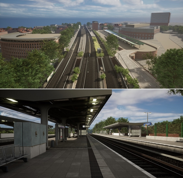 Model of a trainstation. Bird's eye view above and perspective from the platform below. Detailed modeling of the "Bergedorf" station on the test track of the Sensor4Rail project in Hamburg (Source: DB Netz AG) | © DB InfraGO AG