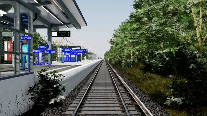 Annotation (marked) "Waiting passengers on platform" in the digital twin of the Hamburg S-Bahn network as an input variable for training AI for automated driving functions (Source: DB Netz AG) | © DB InfraGo AG