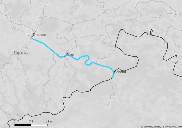Blaue Linie zwischen Dresden und Schöna: Streckenkarte Grenzübergang Tschechien: Dresden – Schöna – Tschechien (Copyright: DB InfraGO AG, Digitale Schiene Deutschland) | © DB InfraGO AG, Digitale Schiene Deutschland
