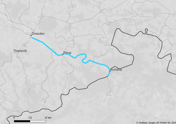 Blue line between Dresden and Schöna: Route map border crossing Czech Republic: Dresden – Schöna – Czech Republic (Copyright: DB InfraGO AG, Digitale Schiene Deutschland)