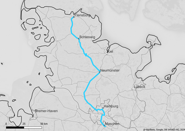 Route map Flensburg – Maschen (Copyright: DB InfraGO AG, Digitale Schiene Deutschland)