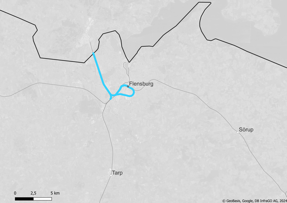 Streckenkarte Grenzübergang Dänemark: Padborg – Flensburg (Copyright: DB InfraGO AG, Digitale Schiene Deutschland)