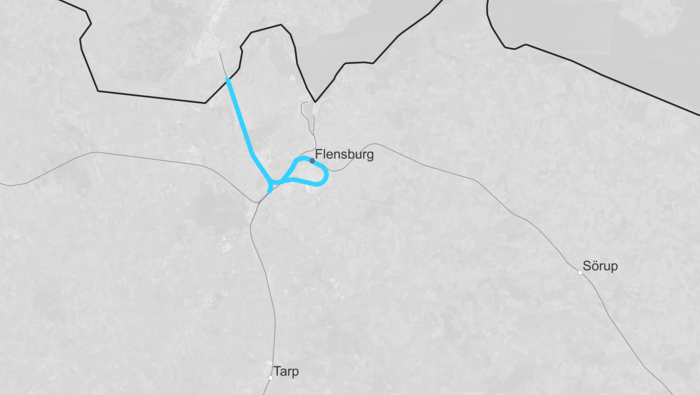 Route map border crossing Denmark: Padborg – Flensburg (Copyright: DB InfraGO AG)