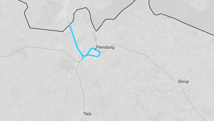 Route map border crossing Denmark: Padborg – Flensburg (Copyright: DB InfraGO AG, Digitale Schiene Deutschland)