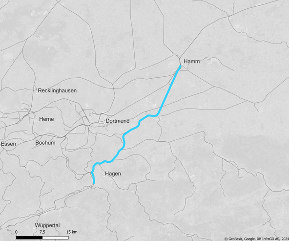 Blaue Linie auf Karte zwischen Hamm und Hagen: Streckenkarte Hochleistungsnetz-Korridor Hagen – Unna – Hamm (Copyright: DB InfraGO AG, Digitale Schiene Deutschland)