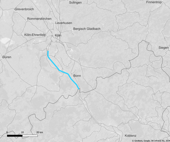 Blaue Linie auf einer von südlich von Köln bis südlich Bonn. Streckenkarte Hürth/Kalscheuren – Koblenz (HLN-Korridor) (Copyright: DB InfraGO AG, Digitale Schiene Deutschland)