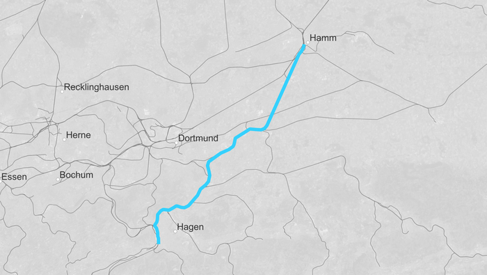 Streckenkarte Hochleistungsnetz-Korridor Hagen – Unna – Hamm (Copyright: DB InfraGO AG, Digitale Schiene Deutschland)