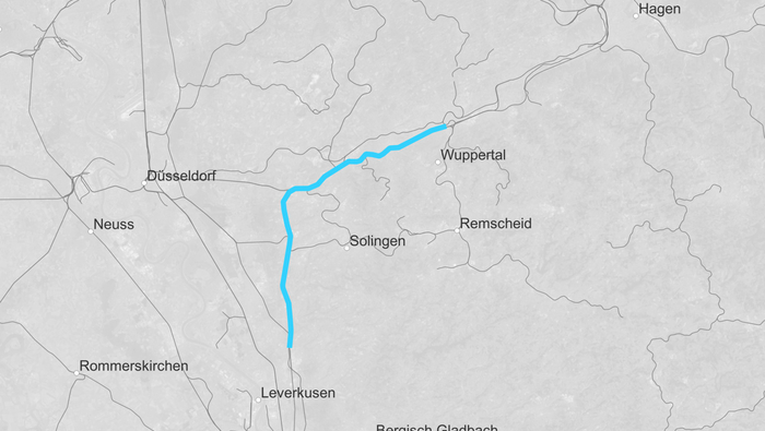 Route map of the Hagen – Wuppertal – Cologne high-performance corridor (Copyright: DB InfraGO AG, Digitale Schiene Deutschland)