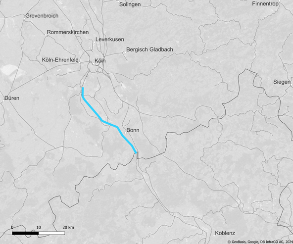 Blue line leading to and through Bonn. Route map Hürth/Kalscheuren - Koblenz (HLN-Corridor) (Copyright: DB InfraGO AG, Digitale Schiene Deutschland)
