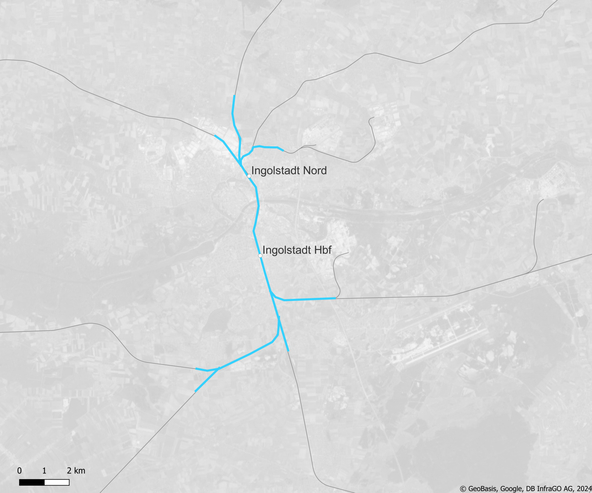 Blaue Linie auf einer Karte: Streckenkarte Knoten Ingolstadt (Copyright: DB InfraGO AG, Digitale Schiene Deutschland)