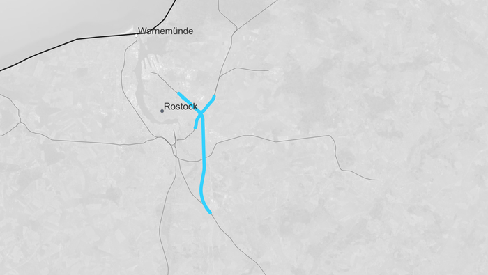 Route map Rostock seaport – Kavelstorf gap closure (Copyright: DB InfraGO AG, Digitale Schiene Deutschland)