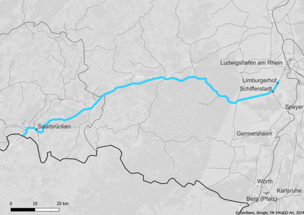 Route map POS Nord: Saarbrücken – Kaiserslautern – Ludwigshafen (Copyright: DB InfraGO AG, Digitale Schiene Deutschland)