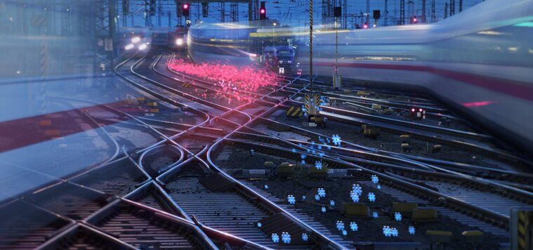 Mehrere Bahngleise, die über Weichen miteinander verbunden sind. Mit Langzeitbelichtung aufgenommene ICE-Züge rauschen vorbei. Mehrere Bahngleise, die über Weichen miteinander verbunden sind. Mit Langzeitbelichtung aufgenommene ICE-Züge rauschen vorbei.